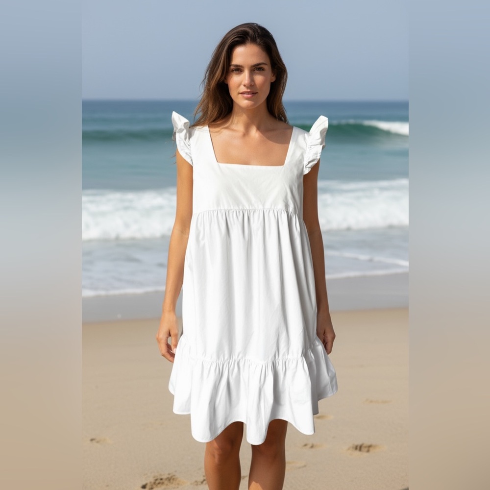 Compania Fantastica White Mini Tiered Poplin Dress with Pockets Size M